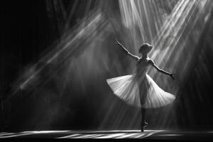 A black and white photograph featuring a ballerina wearing a tutu photo