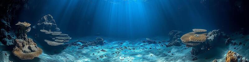 Sunlight shines through the water on a coral reef beneath the ocean surface photo
