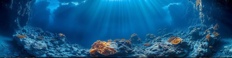 Sun shining through water on coral reef, creating beautiful ocean landscape photo