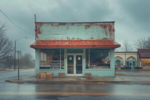 Storefront with red awning, sign a under blue sky, tree nearby photo