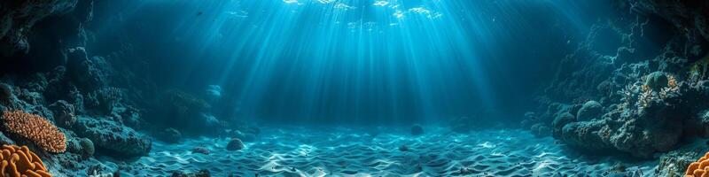 The sun is shining through the water in a vibrant coral reef ecosystem photo