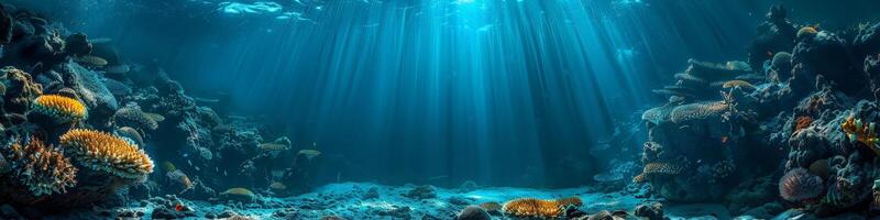 The suns light illuminates the coral reef in the oceans depths photo