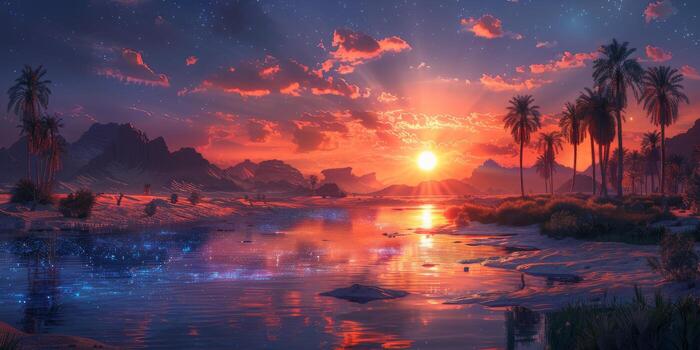 Sun sets over river with palm trees in foreground photo