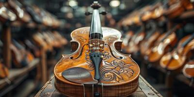 The violin is placed on a table among other violins photo