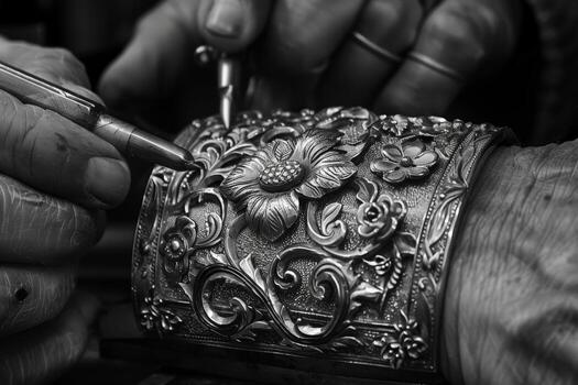 A person is working on a bracelet in a black and white photo