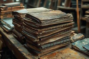 A stack of aged books rests atop a wooden table in the room photo