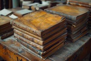 A stack of aged books is placed on a sturdy wooden table photo