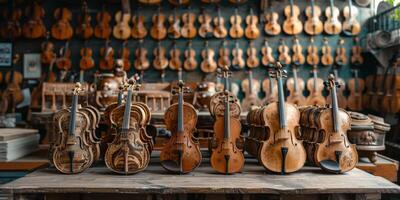 A row of violins on a wooden table in front of a wall of violins photo
