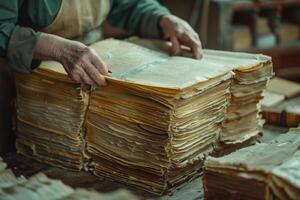 A person is focused on sorting through a tall stack of old books photo