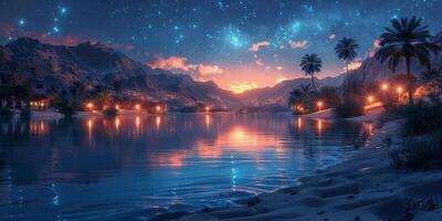Lake surrounded by mountains and palm trees under the night sky photo