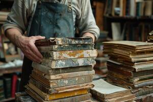 In an apron, a man is seen holding a stack of aged books photo