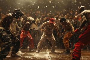 Enthusiastic men performing dance in rain in front of large crowd photo