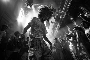Black and white photo of man dancing in crowd at event
