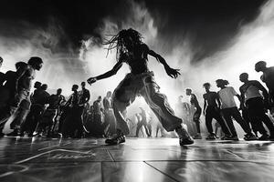 A group of people dancing in a black and white photo
