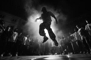 A man is demonstrating his jumping skills in front of an audience photo