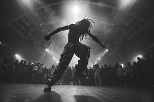 Person dancing in black and white amidst crowd at event photo