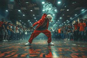 Man in red jacket entertains large crowd with dance and music photo