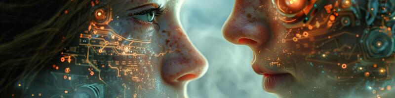 A man and a woman with a circuit board on their faces are facing each other photo