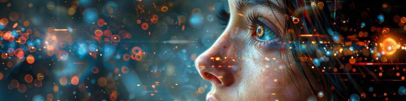 A woman s face with a computer screen in the background photo