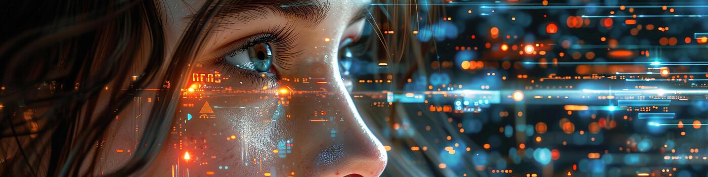 Closeup of a womans face with a digital background photo