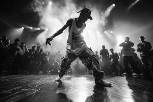 Man dancing in monochrome in front of audience at entertainment event photo