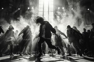 A black and white photograph showing a crowd dancing in an event photo