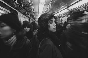 A black and white photo featuring a woman standing on a train