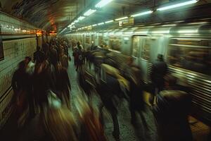 The image shows individuals moving in a dimly lit subway terminal photo