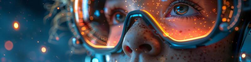 A detailed view of a person wearing electronic glasses for simulated reality photo