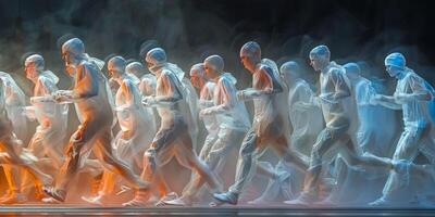 A group of people is running in a straight line with smoke trailing behind them photo
