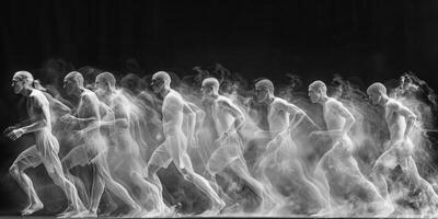 Several men in black and white running, capturing movement and unity photo