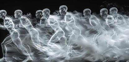 A black and white photograph featuring a group of people engaged in running photo