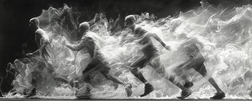 A black and white image showing individuals running in water photo