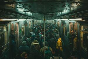A crowd of people taking flash photos in a subway train in the city