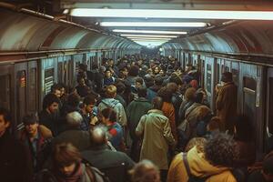 People walk in a busy subway at night, resembling a lively market photo
