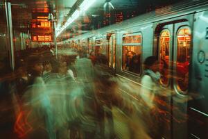 Blurred photo of people at subway station waiting for a train