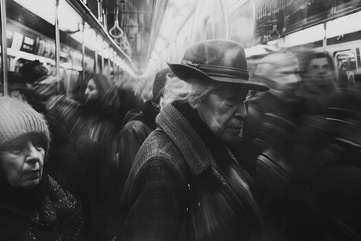 A man with a hat in a black and white photograph in a city setting photo