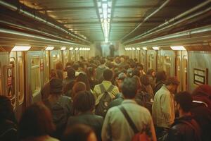 People boarding a subway train in a city for a fun mode of transport photo
