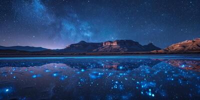 A picturesque scene of a lake bordered by mountains, under a starry sky photo