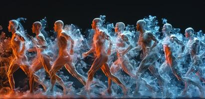 A row of men running, created from water, is part of a performance art piece photo