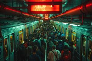 Busy subway station with eternal peace sign under green lighting photo