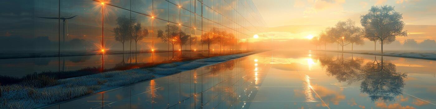 At sunset, a line of trees is mirrored in the calm waters photo