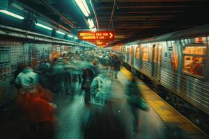 Train station with metro sign in busy city at night with dimmed lights photo