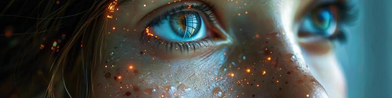 A close up of a womans blue eye with sparks emanating from it photo