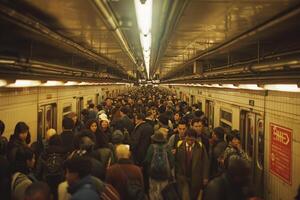 The subway station is packed with people and features an exit sign photo