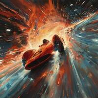 The painting depicts a race car speeding through a fiery explosion photo