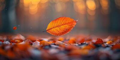A leaf is floating in the air above a bunch of leaves photo