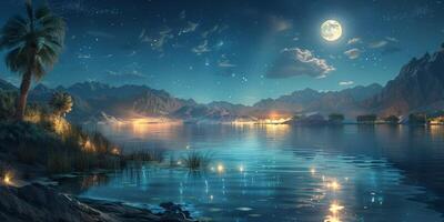 Full moon shines over lake with mountains in the background photo