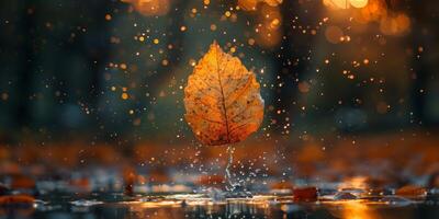A leaf falls into a water puddle under the sky, creating natural atmosphere photo