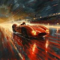A vibrant painting of a red race car speeding through rain, capturing movement photo
